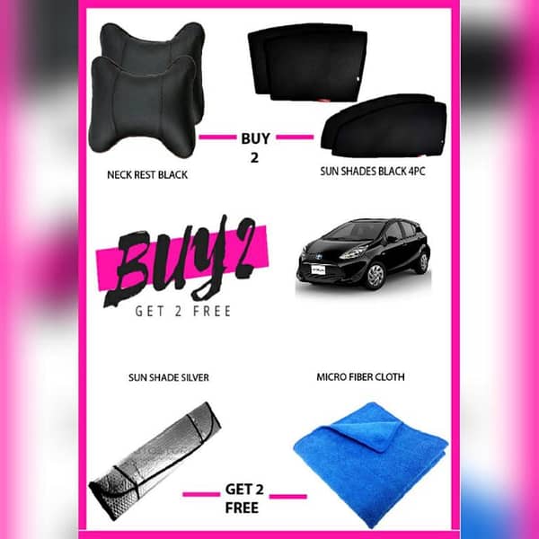 Toyota Aqua Bundle: Microfiber Cloth, 4 Black Window Sunshades, Black Neck Rest, and Silver Sun Shade
