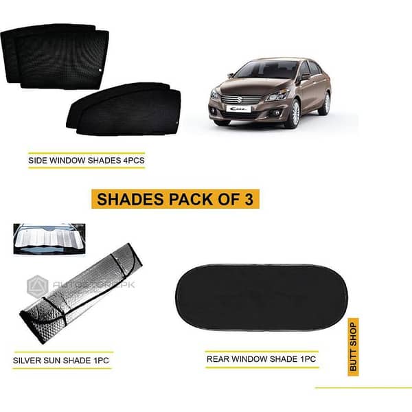 SUZUKI CIAZ COMPLETE SHADES FOR CAR PACK OF 3 ,SIDES WINDOW SHADES 4PCS ,REAR WINDOW SHADE 1PC, WINDSCREEN SILVER SUN SHADE 1PC