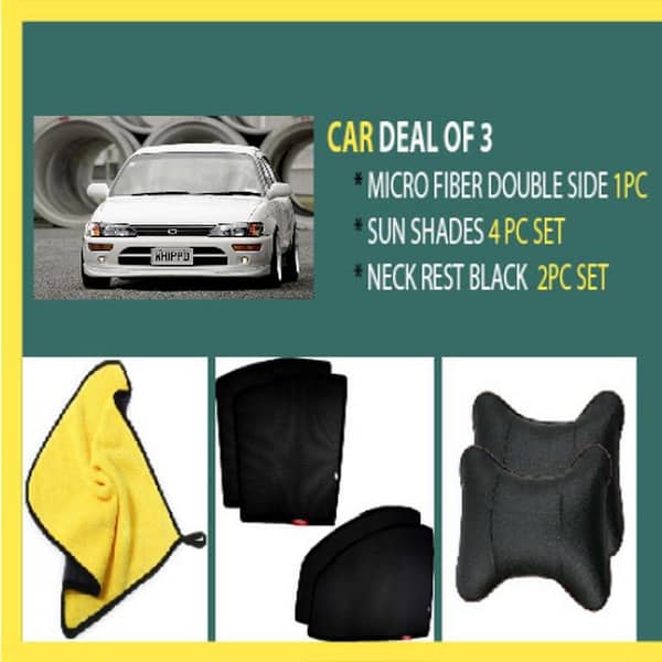 Toyota Indus Corolla Accessory Set: 1 Micro Fiber Cloth, 4 Black Window Sunshades, 1 Black Neck Rest