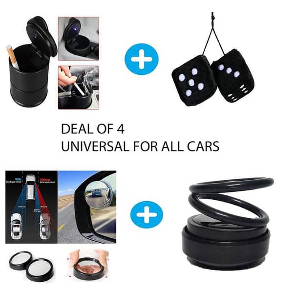 CAR DEAL OF 4 ASH TRAY , HANGING DICE , BLIND SPOT MIRROR , SOLAR RING PERFUME (UNIVERSAL FOR ALL CARS)