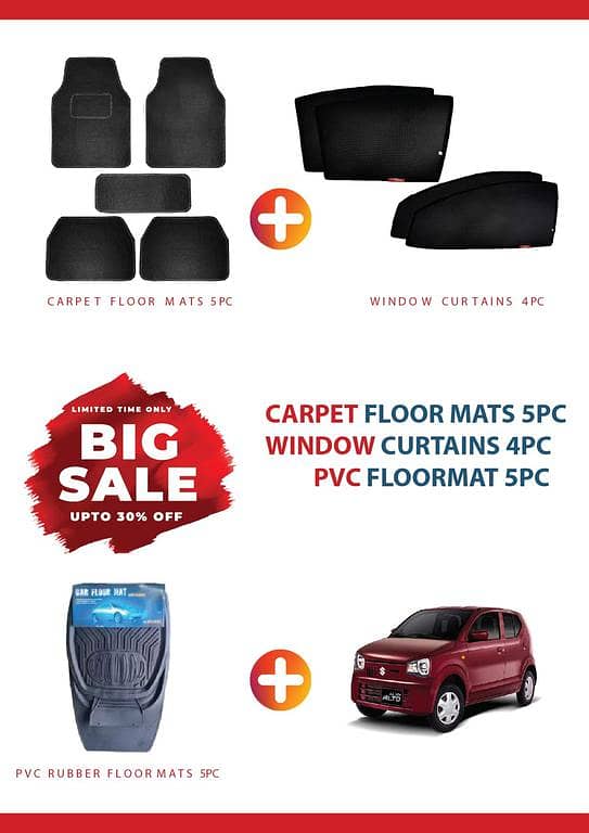SUZUKI NEW ALTO BIG SALE DEAL OF 3 , CARPET FLOOR MAT 5PC , RUBBER FLOOR MAT 5PC ,WINDOW CURTAIN 4PC