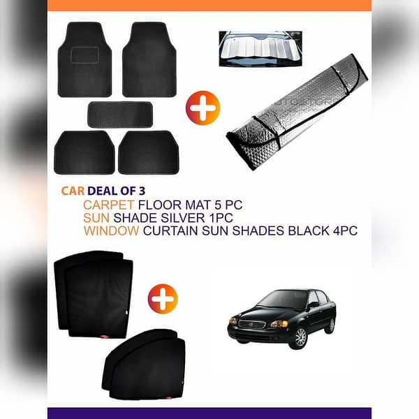 SUZUKI BALENO CAR ACCESSORY BUNDLE: 5 CARPET FLOOR MATS, 1 SILVER SUN SHADE, 4 BLACK WINDOW CURTAINS