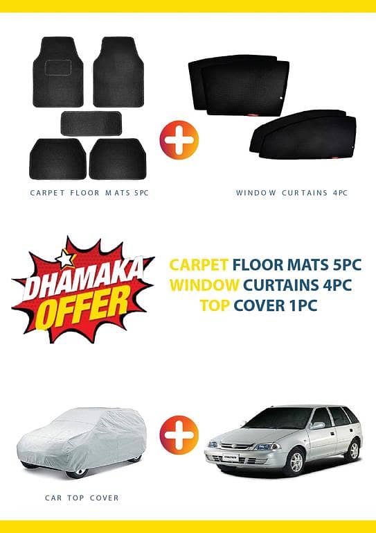 SUZUKI CULTUS 3-Piece Set: 5 Carpet Floor Mats, 4 Dark Black Window Curtains, 1 Parachute Top Cover