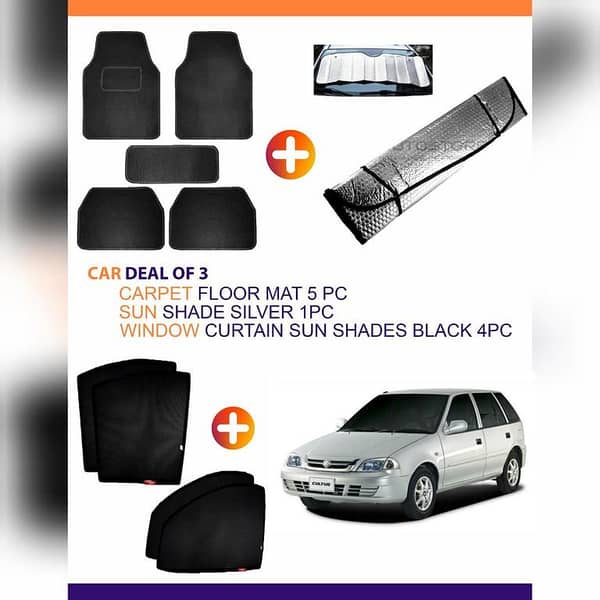SUZUKI CULTUS 3-Piece Accessory Set: 5 Carpet Floor Mats, 1 Silver Sun Shade, 4 Black Window Curtains