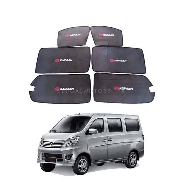 Changan Karvaan Sun Shades (Side and Back Both Mirrors) Van Windows Curtains 7 pieces, With Karvaan Logo Foldable, Jet Black