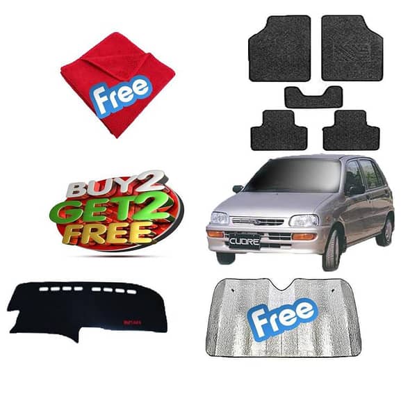 DAIHATSU COURE Bundle: Buy 2 Dashboard Mats and Floor Mats, Get 2 Windshield Sun Shades and Microfiber Cloths for Free
