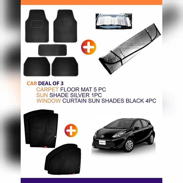 TOYOTA AQUA 3-Piece Set: 5 Carpet Floor Mats, 1 Silver Sun Shade, and 4 Black Window Curtain Sun Shades