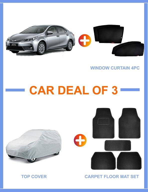 Toyota Corolla 2013-2020 Bundle: 3 Carpet Floor Mats, 4pc Window Curtain Set, and Parachute Top Cover