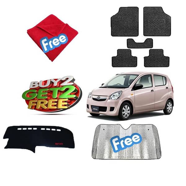 DAIHATSU ES MIRA Bundle: 4-Piece Set with Dashboard Mat, Carpet Floor Mats, Windshield Sun Shade, and Microfiber Cloth
