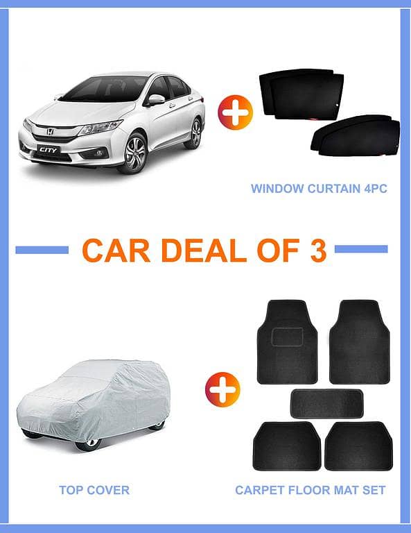 HONDA CITY 2009-2019 Bundle: 3-Piece Carpet Floor Mat Set, 4-Piece Dark Black Window Curtain Set, and Parachute Top Cover