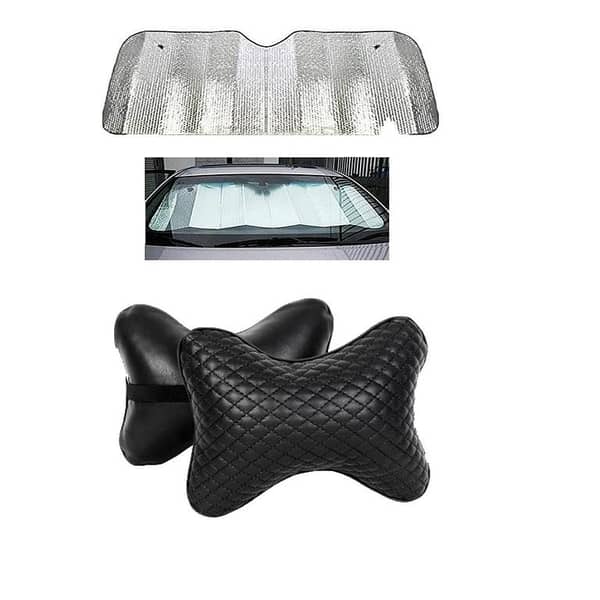 Set of 2: Car Windshield Sun Shade and Black Neck Rest Headrests (Universal Fit for All Vehicles)