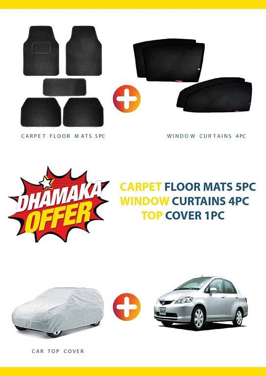 HONDA CITY 2003-08 Accessories Set: 5PC Carpet Floor Mats, 4PC Dark Black Window Curtains, 1PC Parachute Top Cover
