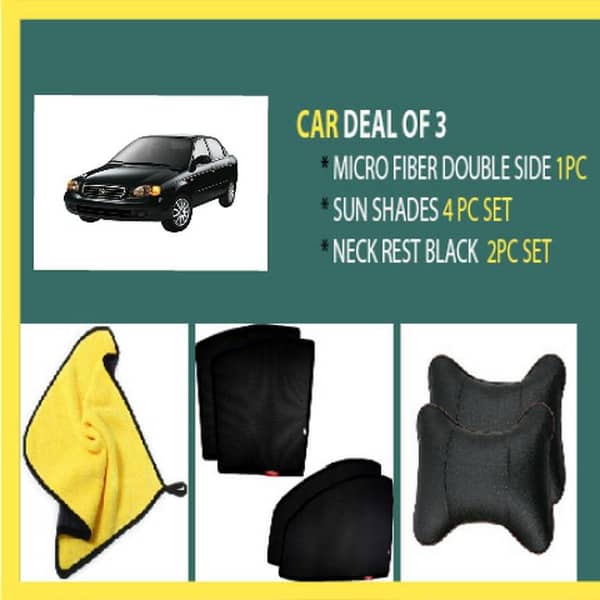 Suzuki Baleno 3-Piece Accessory Set: 1 Micro Fiber Cloth, 4 Black Window Sunshades, and 2 Black Neck Rests