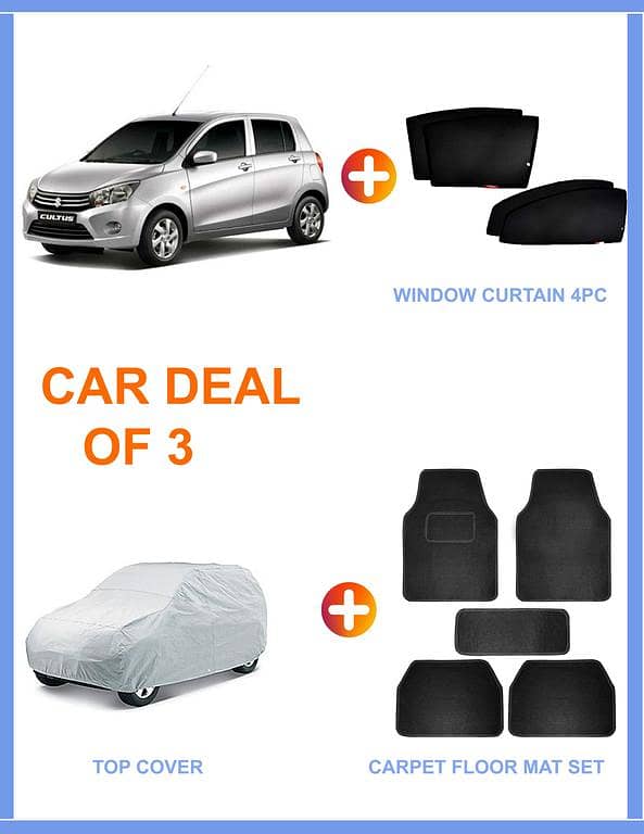 SUZUKI CULTUS SET: 3 Items Including 5-Piece Carpet Floor Mats, 4-Piece Dark Black Window Curtains, and Parachute Top Cover