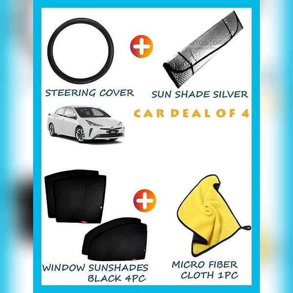 TOYOTA PRIUS 2018 DEAL OF 4 ( MICRO FIBER CLOTH 1PC ,WINDOW SUNSHADES BLACK 4PC , STEERING COVER, SILVER SUN SHADE)
