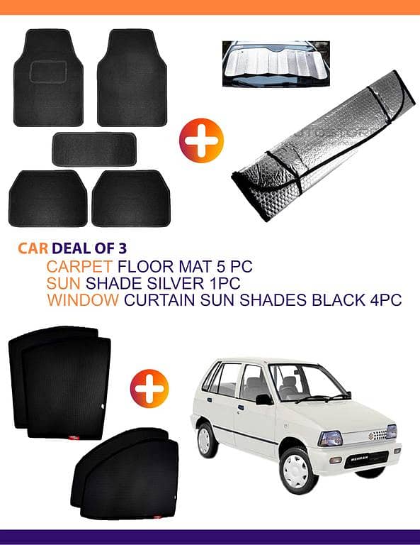 SUZUKI FX Package: 5 Carpet Floor Mats, 1 Silver Sun Shade, 4 Black Window Curtain Sun Shades