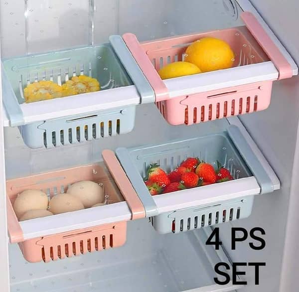 4PC Storage Basket For Fridge Fresh Spacer Layer Storage Rack Adjustable And Stretchable Fridge Drawer Basket Kitchen Organizer