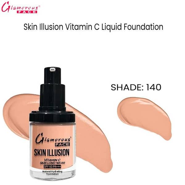 Glamorous Face Skin Illusion Liquid Foundation with Vitamin C, 25ml (Shade: 140) - Full Coverage & SPF 60 PA+++
