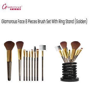 Glamorous Face 8-Piece Brush Set with Ring Stand for Makeup Application (Golden)