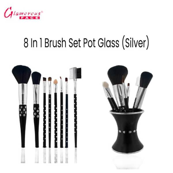 Glamorous Face 8-in-1 Brush Set with Glass Holder (Silver)