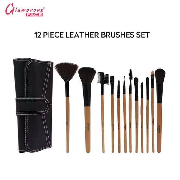 Glamorous Face 12-Piece Brush Set with Leather Case for Makeup Application