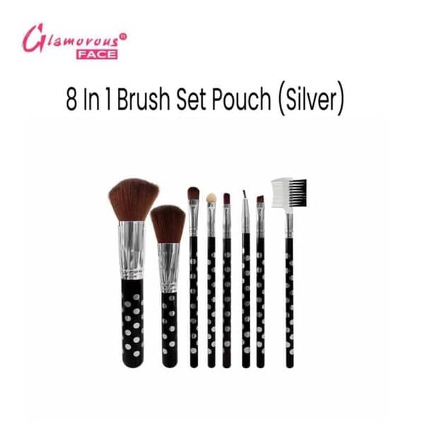 Glamorous Face 8-in-1 Makeup Brush Set with Pouch in Silver