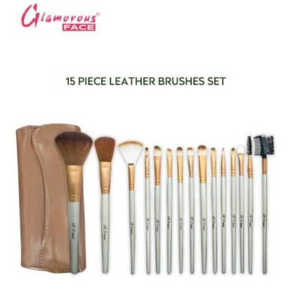 Glamorous Face 15-Piece Brush Set with Leather Case for Makeup Application