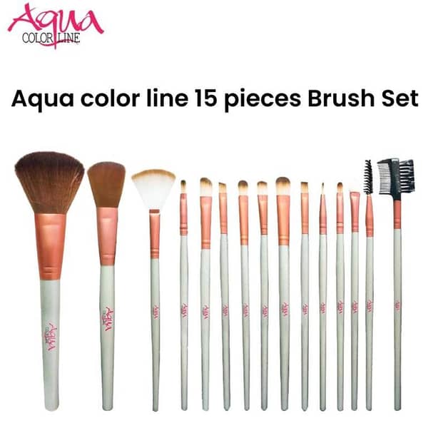 15-Piece Aqua Color Line Brush Set for Face, Eyes, and Lips