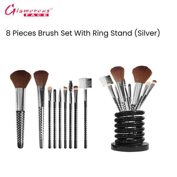 Glamorous Face 8-Piece Brush Set with Ring Stand in Silver