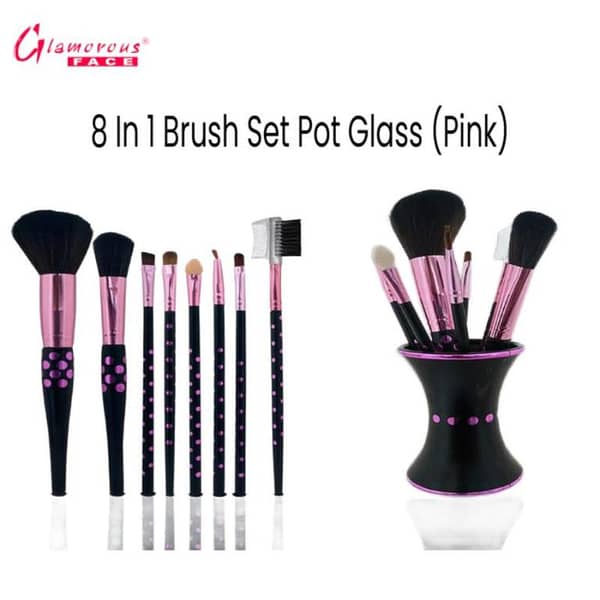 Glamorous Face 8-in-1 Makeup Brush Set with Pot Glass Holder (Pink)