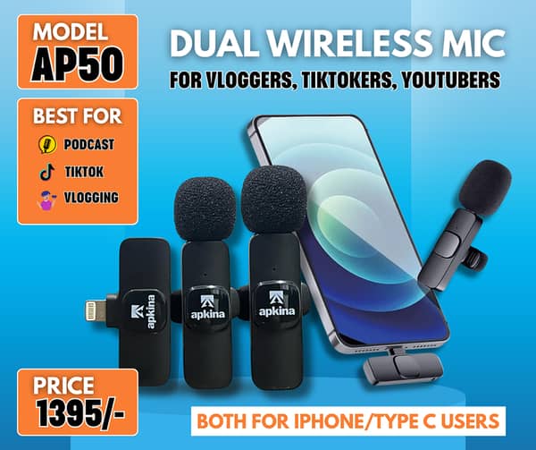 Apkina AP50 Wireless Microphone for clear audio transmission. Single Wireless Mic For Vloggers, Content Creators, Tiktokers, Youtubers, Podcast.