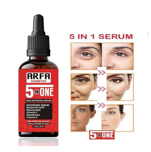 Arfa Cosmetics 5IN1 Serum with Glutathione, Hyaluronic Acid, and Vitamin C for Skin Brightening and Exfoliation - 30ml