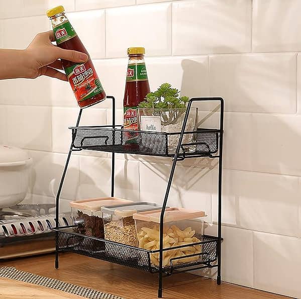 2 Tier Spice rack vegetable Stand Folding Metal Spice Rack for Kitchen Cabinet Bottle Organizer Holder for Kitchen Countertop Jars, Standing Shelf Seasoning Storage, Makeup, kitchen organizer and Bathroom Organizer