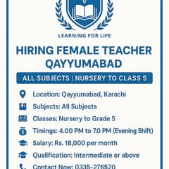 Hiring Female Teacher – Qayyumabad | All Subjects | Nursery to Class 5