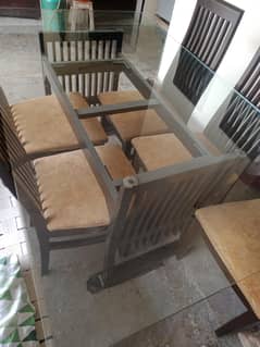mirror dining table with 6 wooden chairs