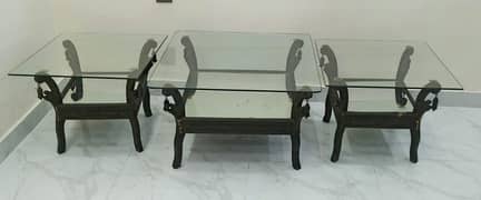 GLASS TOP ANTIQUE STYLE CENTER TABLE WITH TWO SIDE TABLES