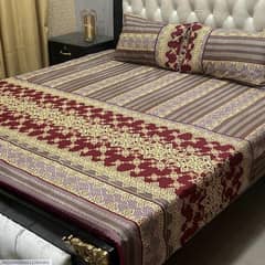 3 Pcs Crystal Cotton Printed Double Bedsheet