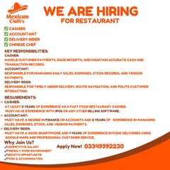 We are Hiring Cashier, Accountant, Delivery Rider & Chinese Food Chef