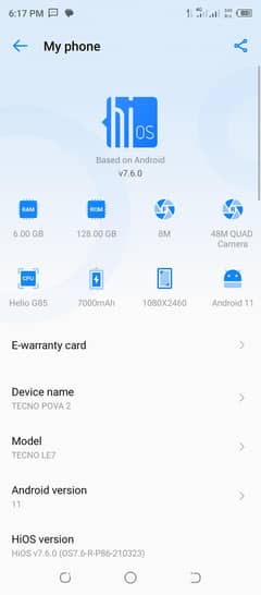 Tecno pova 2 6/128  7000 mah long lasting battery