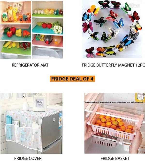 FRIDGE DEAL OF 4, REFRIGERATOR MAT, FRIDGE BUTTERFLY MAGNET, FRIDGE COVER, FRIDGE BASKET