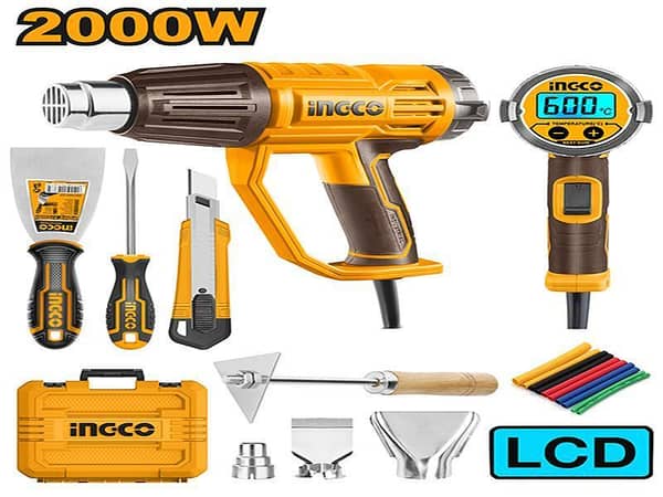 INGCO HG2000581 Heat Gun with Adjustable Temperature and LCD Display, 2000W, 220V-240V, Includes Nozzles and Tools