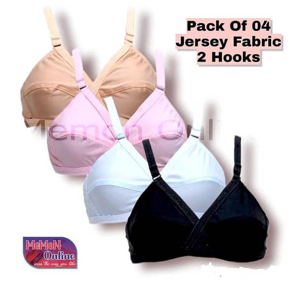 Set of 4 Women's Jersey Bras with 2 Hooks in Skin, Black, Light Pink, and Sky Blue - Model MO-005