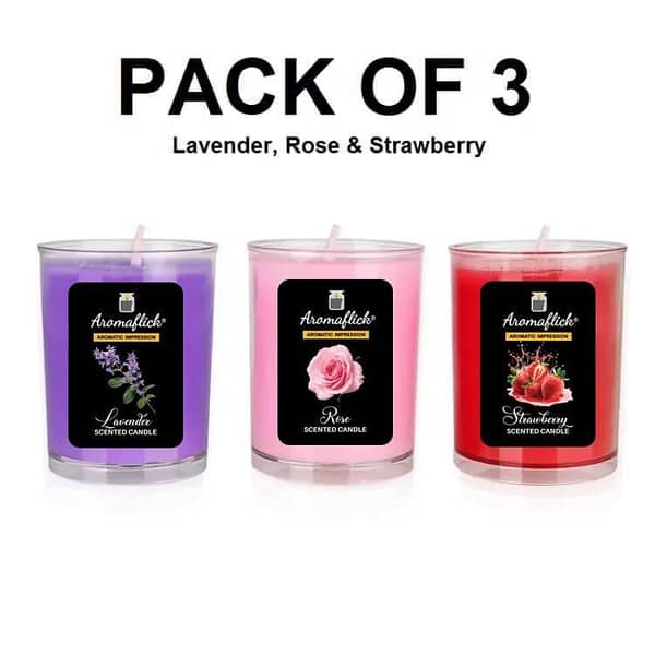 AROMAFLICK Set of 3 Custom Scented Glass Candles - Lavender, Rose & Strawberry Fragrance