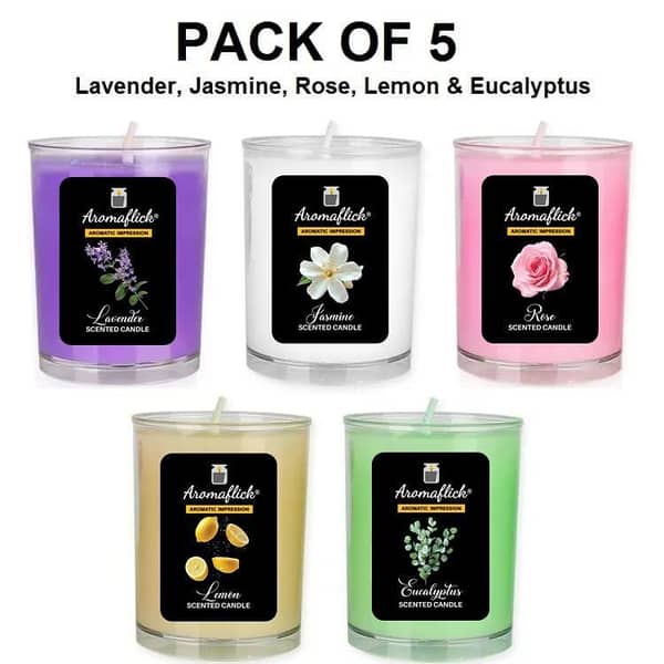 AROMAFLICK Set of 5 Custom Scented Candles in Glass - Lavender, Jasmine, Eucalyptus, Fresh Lemon & Rose Scents
