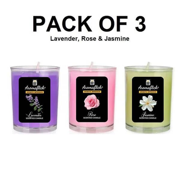 Pack of 3 Scented Glass Candles – Lavender, Rose & Jasmine Fragrances for Home & Gifting