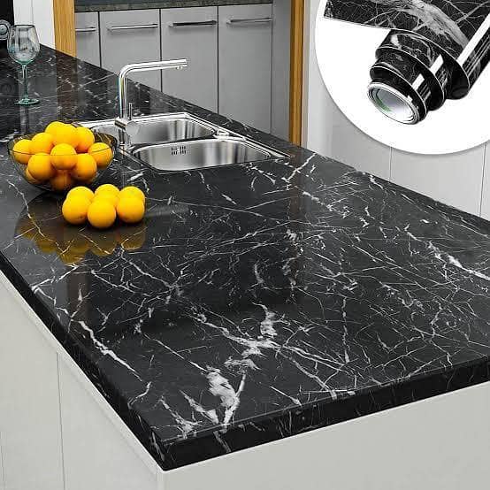 60cm x 200cm Self-Adhesive Marble Wallpaper in Black/White for Kitchens - Oil and Heat Resistant