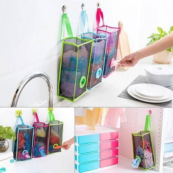 Hanging Mesh Garbage Bag Organizer by Practical - Versatile Storage for Kitchen, Office, and Shopping Bags