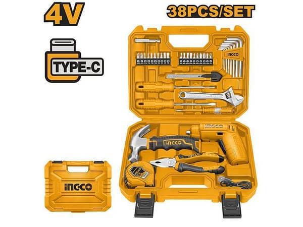 INGCO 38-Piece Tool Set, Model HKTHP10381, with Cordless Screwdriver and Essential Hand Tools