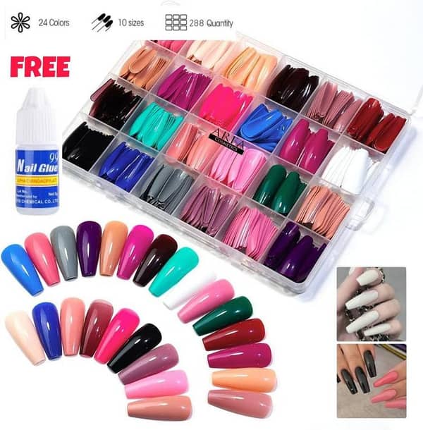 Arfa Cosmetics 288-Piece Multicolor Artificial Nails Set with Storage Box - 24 Styles of Fake Nails for Girls
