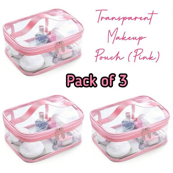 Set of 3 Clear Pink Makeup Pouches - Cosmetic Organizers for Travel and Daily Use